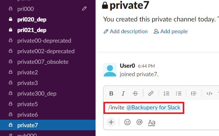 Invite Backupery for Slack to a channel